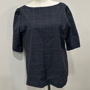 BANANA REPUBLIC Boat Neck Black and Silver Plaid Wool Blend Top Size Medium